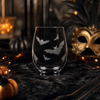 Etched Stemless Wine Glass 20.5oz | Halloween Bat! Bats! Bats! | Deep Carved Sandblasted Glass | Expressive DeZien