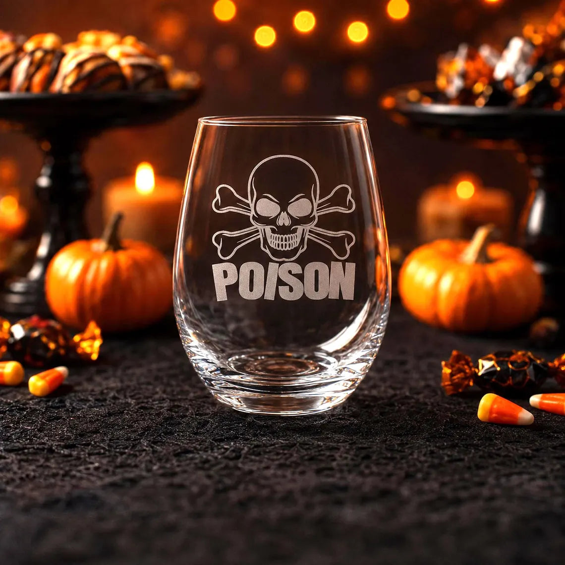 Etched Stemless Wine Glass 20.5oz | Halloween Cross Bones and Poison | Deep Carved Sandblasted Glass | Expressive DeZien