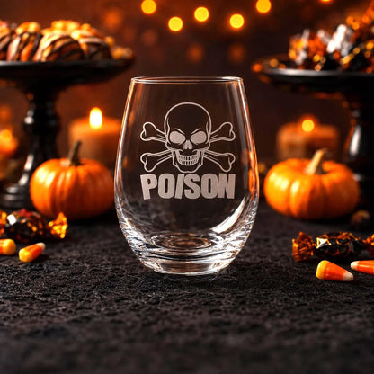 Etched Stemless Wine Glass 20.5oz | Halloween Cross Bones and Poison | Deep Carved Sandblasted Glass | Expressive DeZien