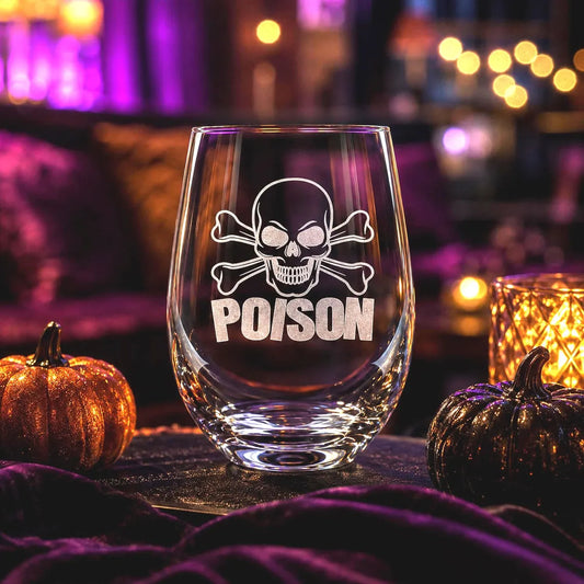 Etched Stemless Wine Glass 20.5oz | Halloween Cross Bones and Poison | Deep Carved Sandblasted Glass | Expressive DeZien