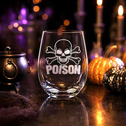 Etched Stemless Wine Glass 20.5oz | Halloween Cross Bones and Poison | Deep Carved Sandblasted Glass | Expressive DeZien