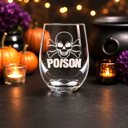 Etched Stemless Wine Glass 20.5oz | Halloween Cross Bones and Poison | Deep Carved Sandblasted Glass | Expressive DeZien