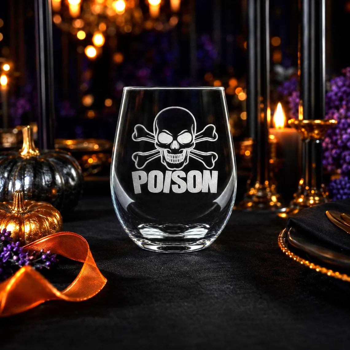Etched Stemless Wine Glass 20.5oz | Halloween Cross Bones and Poison | Deep Carved Sandblasted Glass | Expressive DeZien