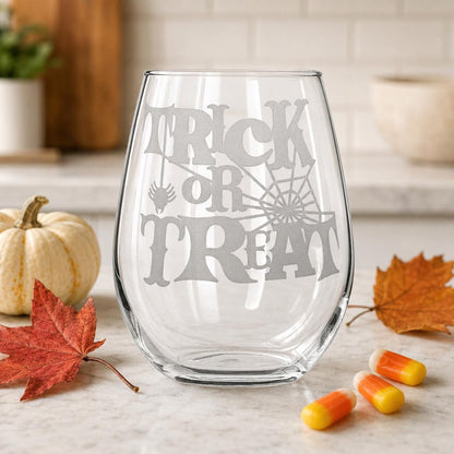 Etched Stemless Wine Glass 20.5 oz | Trick or Treat | Deep Sandblasted Glass | Expressive DeZien