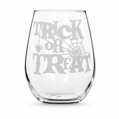 Etched Stemless Wine Glass 20.5 oz | Trick or Treat | Deep Sandblasted Glass | Expressive DeZien
