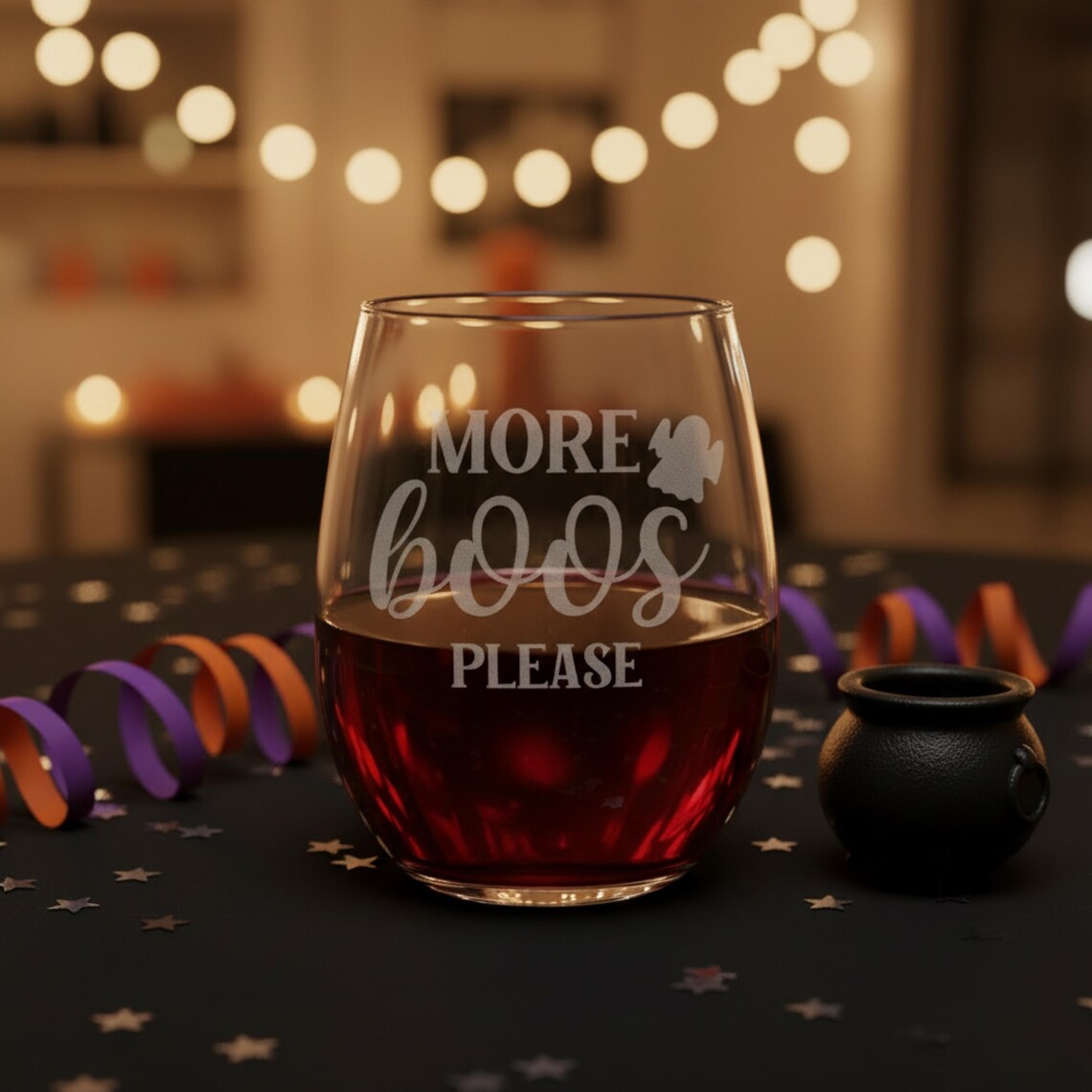 Etched Stemless Wine Glass 20.5oz | More Boos Please | Deep Carved Sandblasted Glass | Expressive DeZien