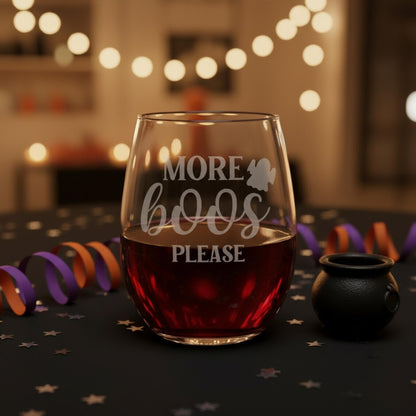 Etched Stemless Wine Glass 20.5oz | More Boos Please | Deep Carved Sandblasted Glass | Expressive DeZien