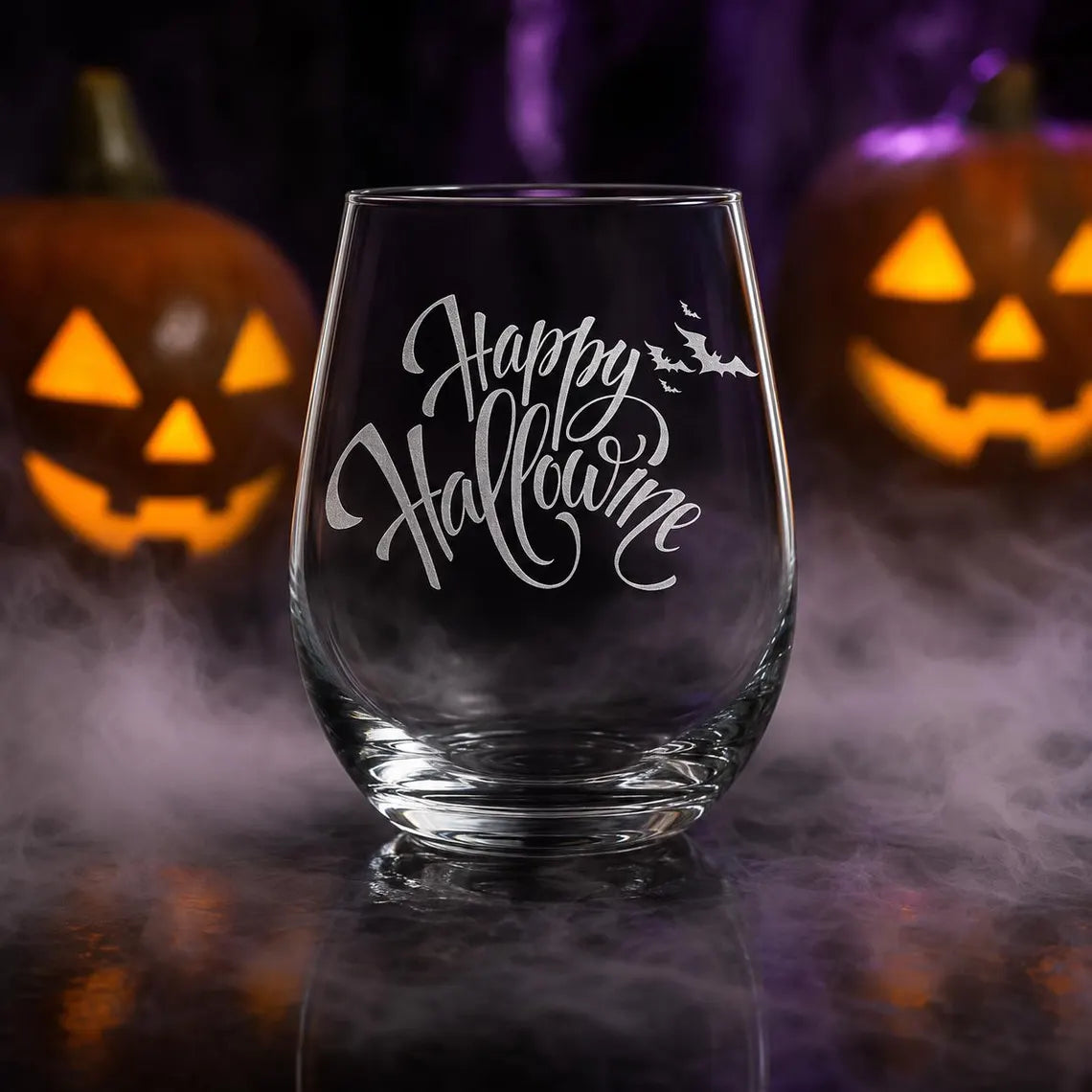 Etched Stemless Wine Glass 20.5oz | Happy HalloWINE with Bats | Deep Carved Sandblasted Glass | Expressive DeZien