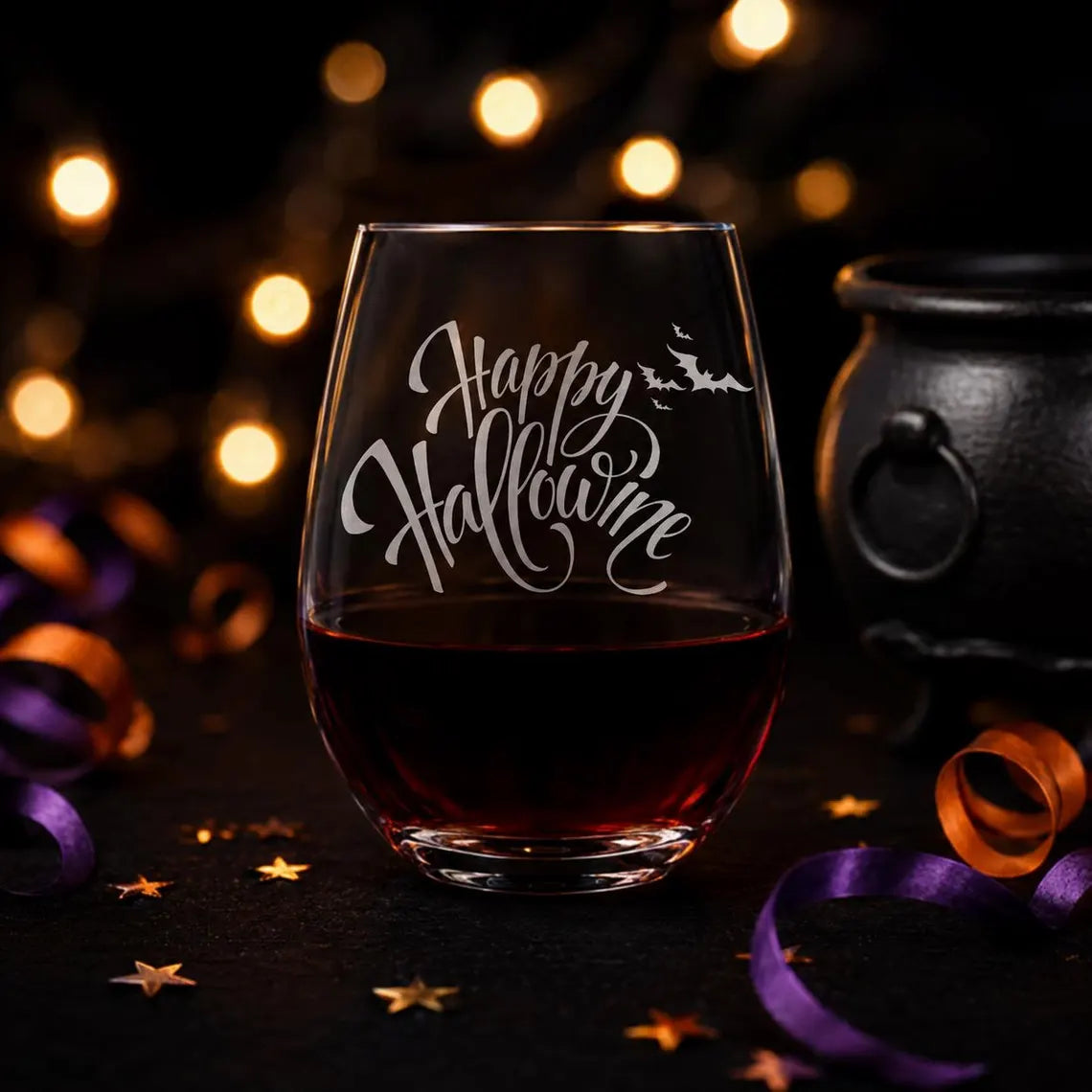 Etched Stemless Wine Glass 20.5oz | Happy HalloWINE with Bats | Deep Carved Sandblasted Glass | Expressive DeZien