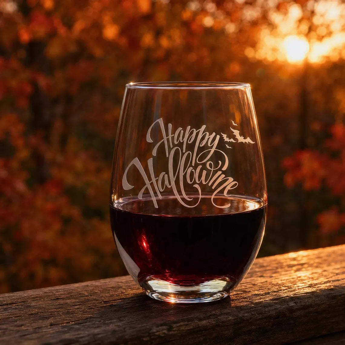 Etched Stemless Wine Glass 20.5oz | Happy HalloWINE with Bats | Deep Carved Sandblasted Glass | Expressive DeZien