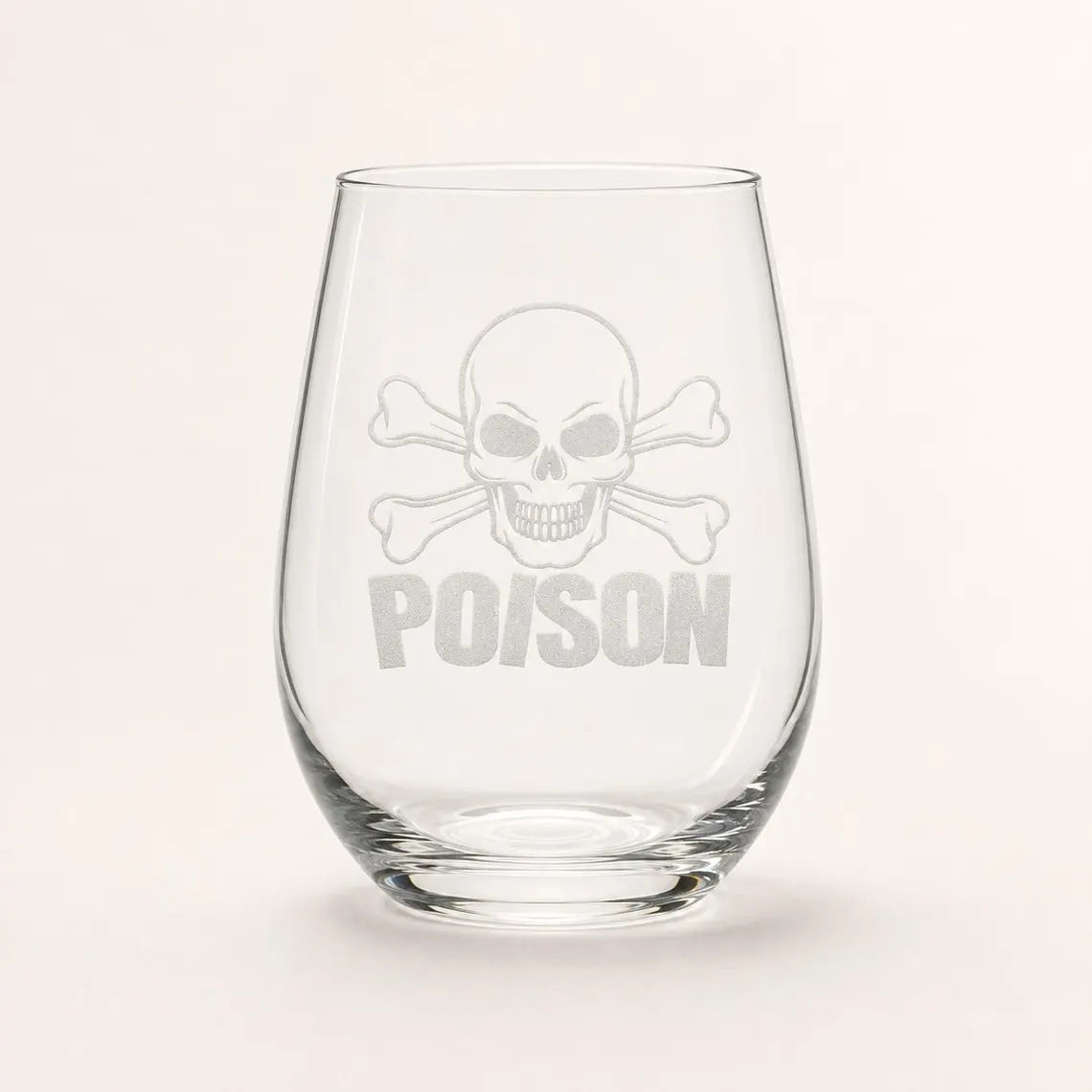 Etched Stemless Wine Glass 20.5oz | Halloween Cross Bones and Poison | Deep Carved Sandblasted Glass | Expressive DeZien