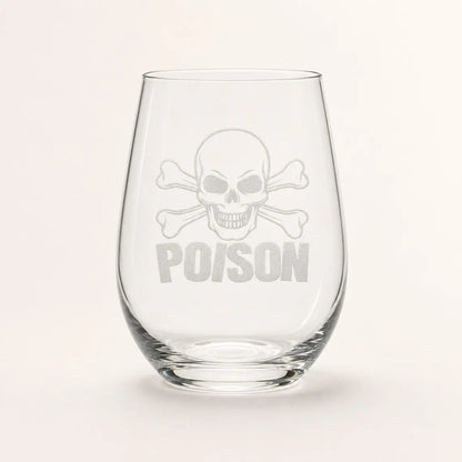 Etched Stemless Wine Glass 20.5oz | Halloween Cross Bones and Poison | Deep Carved Sandblasted Glass | Expressive DeZien
