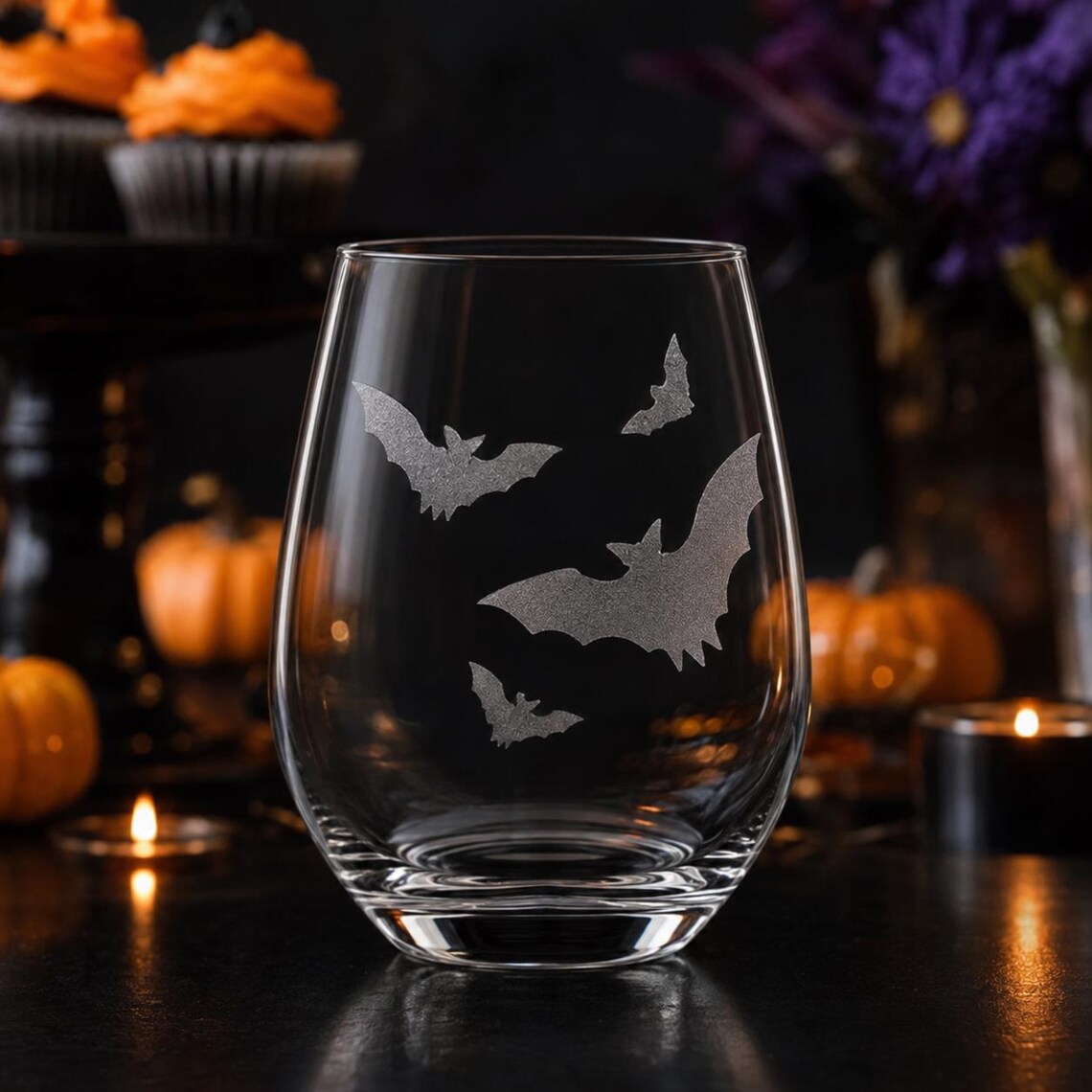Etched Stemless Wine Glass 20.5oz | Halloween Bat! Bats! Bats! | Deep Carved Sandblasted Glass | Expressive DeZien