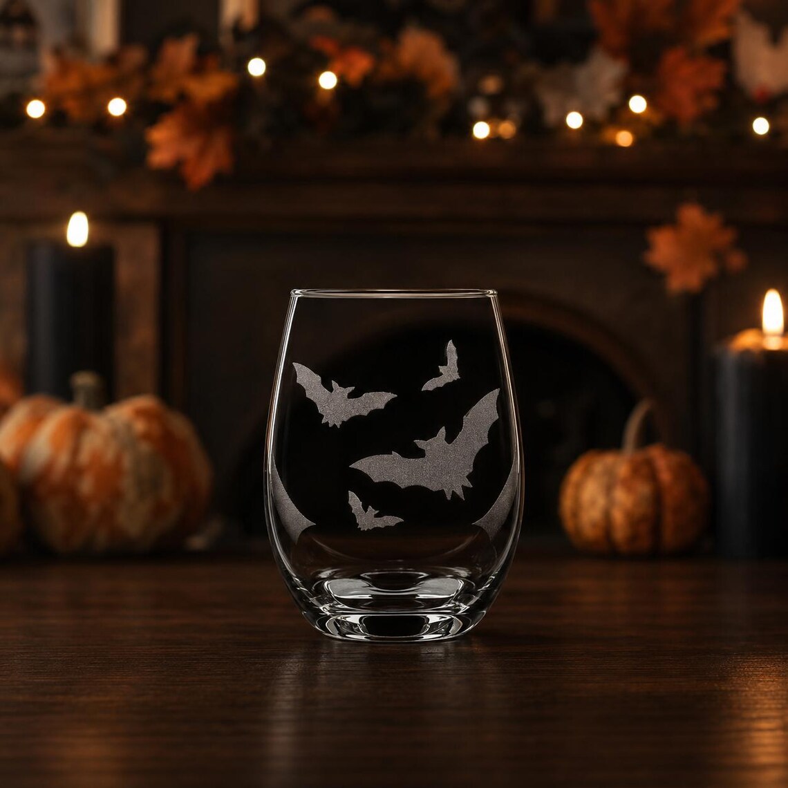 Etched Stemless Wine Glass 20.5oz | Halloween Bat! Bats! Bats! | Deep Carved Sandblasted Glass | Expressive DeZien