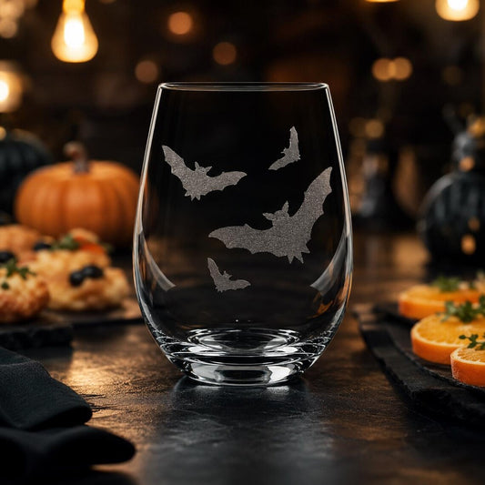 Etched Stemless Wine Glass 20.5oz | Halloween Bat! Bats! Bats! | Deep Carved Sandblasted Glass | Expressive DeZien