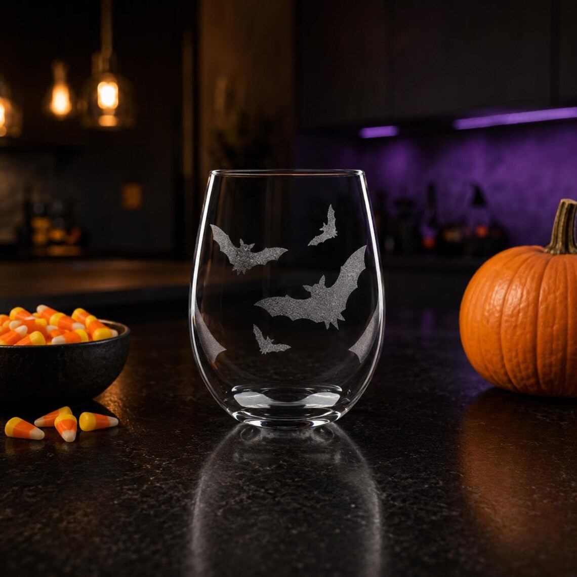 Etched Stemless Wine Glass 20.5oz | Halloween Bat! Bats! Bats! | Deep Carved Sandblasted Glass | Expressive DeZien