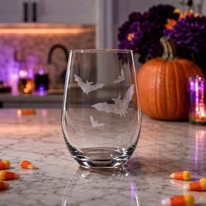 Etched Stemless Wine Glass 20.5oz | Halloween Bat! Bats! Bats! | Deep Carved Sandblasted Glass | Expressive DeZien