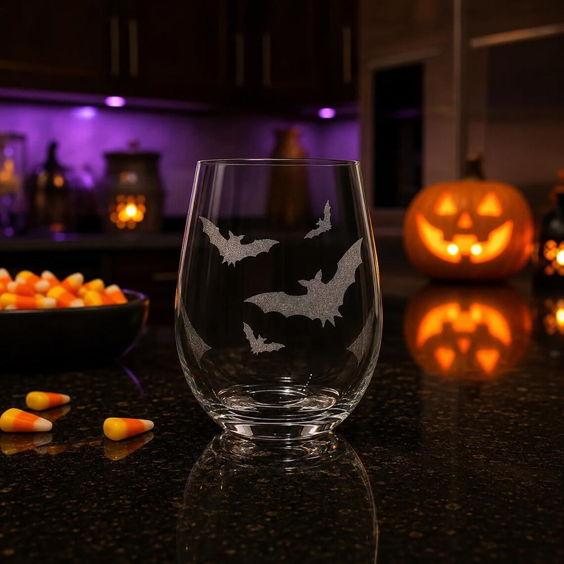 Etched Stemless Wine Glass 20.5oz | Halloween Bat! Bats! Bats! | Deep Carved Sandblasted Glass | Expressive DeZien