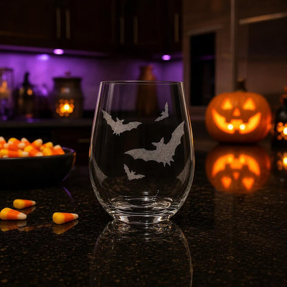 Etched Stemless Wine Glass 20.5oz | Halloween Bat! Bats! Bats! | Deep Carved Sandblasted Glass | Expressive DeZien
