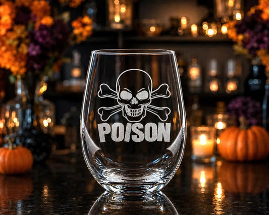Etched Stemless Wine Glass 20.5oz | Halloween Cross Bones and Poison | Deep Carved Sandblasted Glass | Expressive DeZien