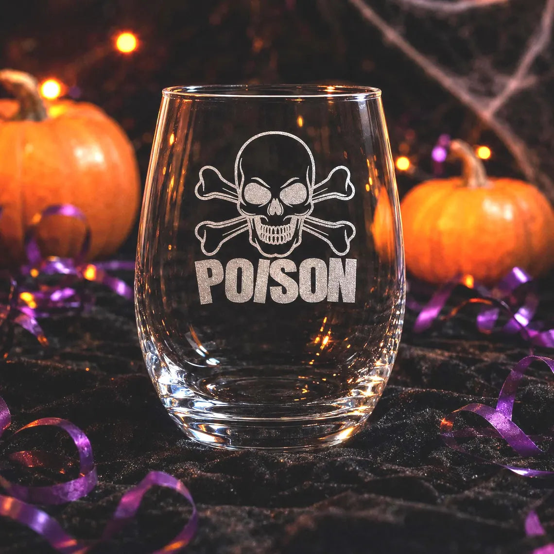 Etched Stemless Wine Glass 20.5oz | Halloween Cross Bones and Poison | Deep Carved Sandblasted Glass | Expressive DeZien