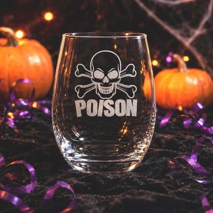 Etched Stemless Wine Glass 20.5oz | Halloween Cross Bones and Poison | Deep Carved Sandblasted Glass | Expressive DeZien