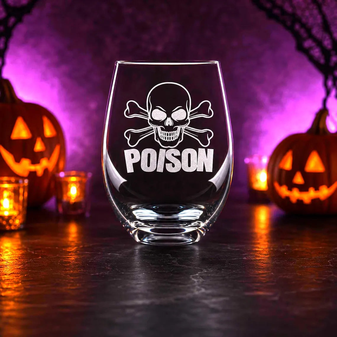 Etched Stemless Wine Glass 20.5oz | Halloween Cross Bones and Poison | Deep Carved Sandblasted Glass | Expressive DeZien