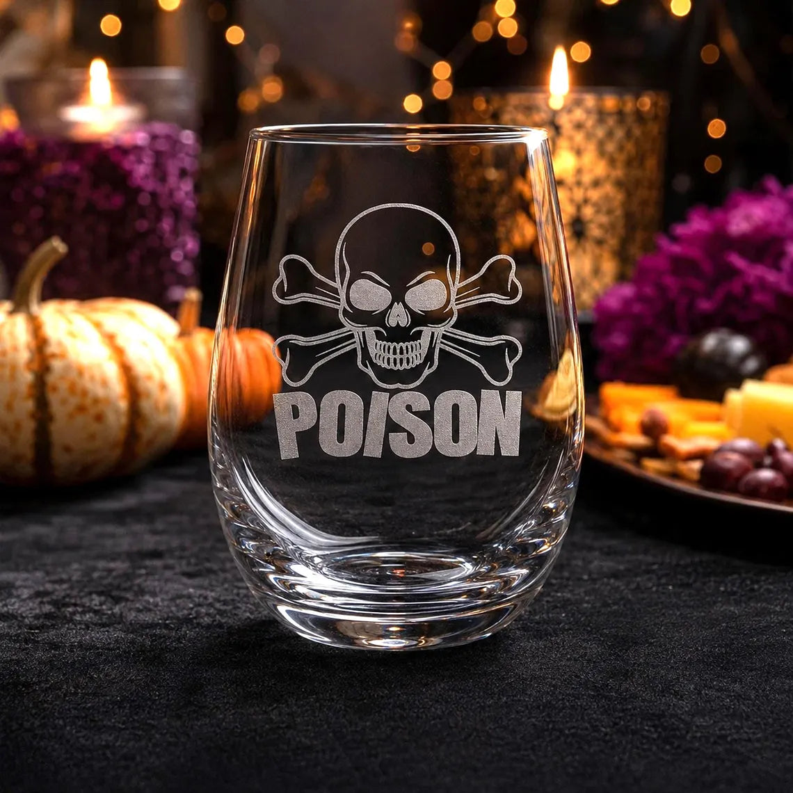 Etched Stemless Wine Glass 20.5oz | Halloween Cross Bones and Poison | Deep Carved Sandblasted Glass | Expressive DeZien