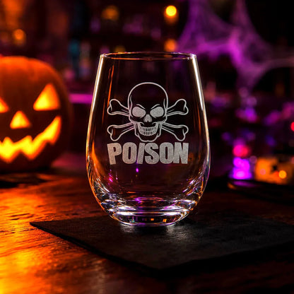 Etched Stemless Wine Glass 20.5oz | Halloween Cross Bones and Poison | Deep Carved Sandblasted Glass | Expressive DeZien