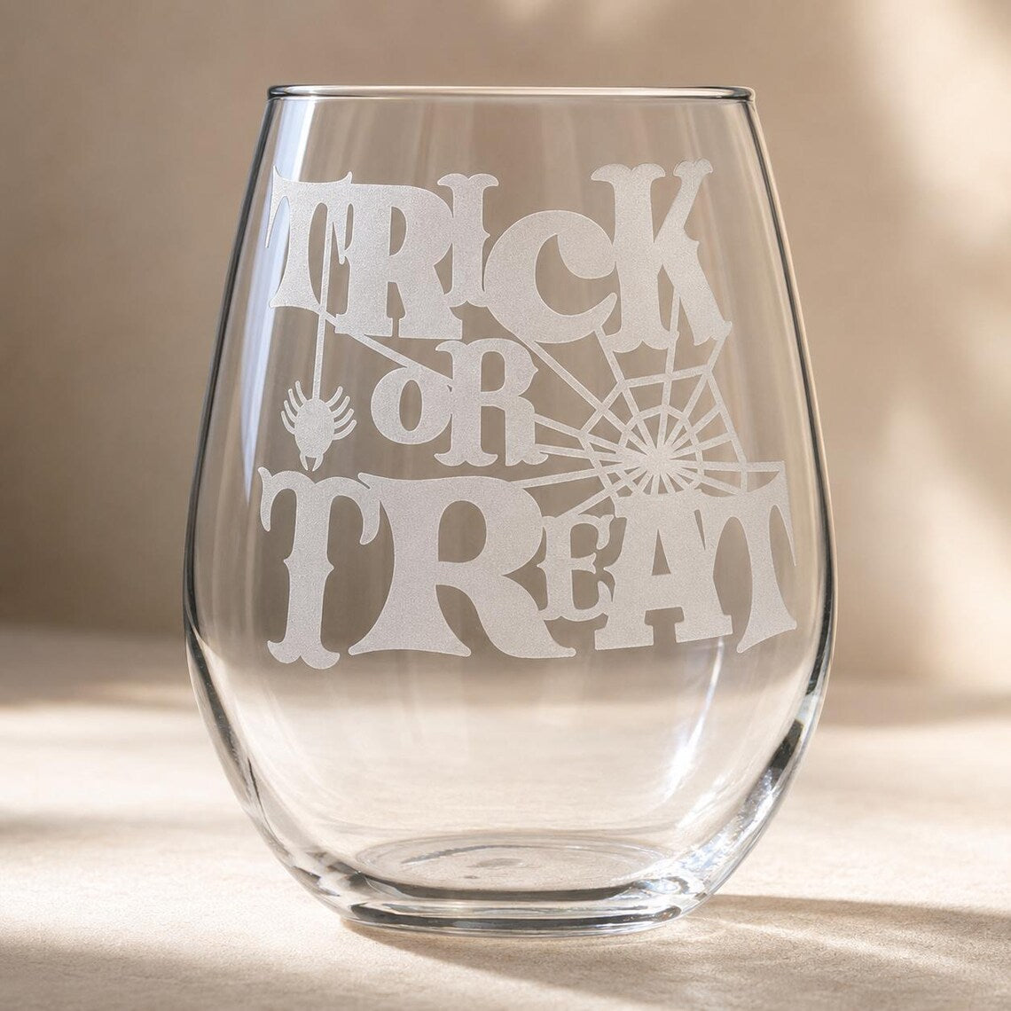 Etched Stemless Wine Glass 20.5 oz | Trick or Treat | Deep Sandblasted Glass | Expressive DeZien