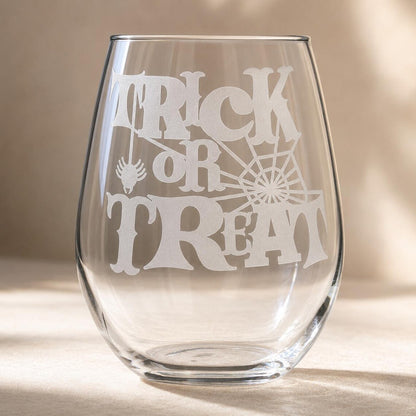 Etched Stemless Wine Glass 20.5 oz | Trick or Treat | Deep Sandblasted Glass | Expressive DeZien