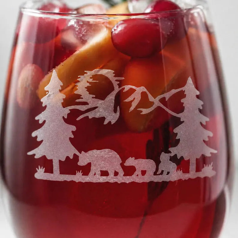 Etched Stemless Wine Glass 20.5oz | Bear Family | Deep Carved Sandblasted Glass | Expressive DeZien