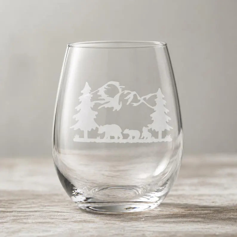Etched Stemless Wine Glass 20.5oz | Bear Family | Deep Carved Sandblasted Glass | Expressive DeZien