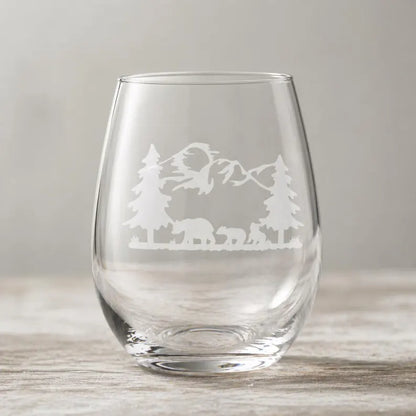 Etched Stemless Wine Glass 20.5oz | Bear Family | Deep Carved Sandblasted Glass | Expressive DeZien