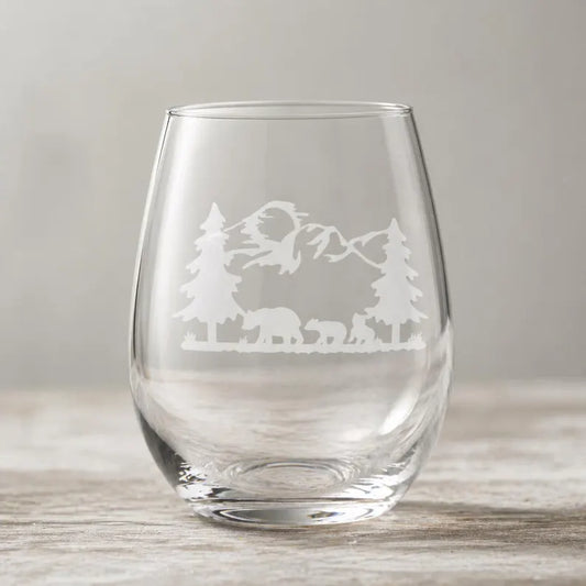 Etched Stemless Wine Glass 20.5oz | Bear Family | Deep Carved Sandblasted Glass | Expressive DeZien