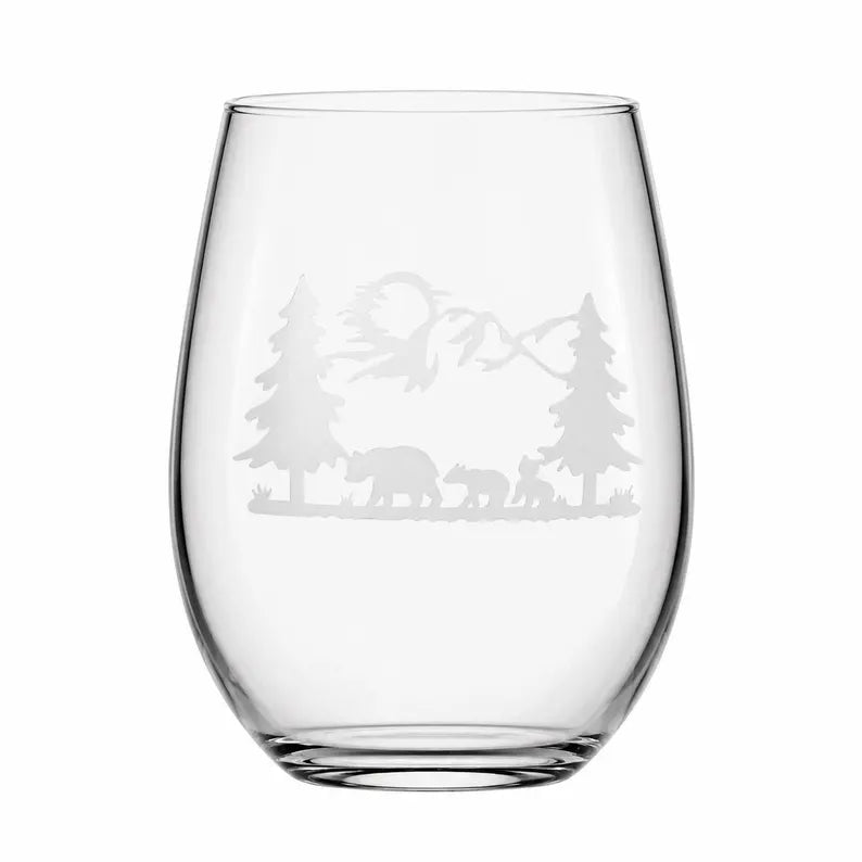 Etched Stemless Wine Glass 20.5oz | Bear Family | Deep Carved Sandblasted Glass | Expressive DeZien