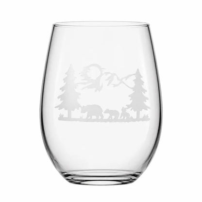 Etched Stemless Wine Glass 20.5oz | Bear Family | Deep Carved Sandblasted Glass | Expressive DeZien