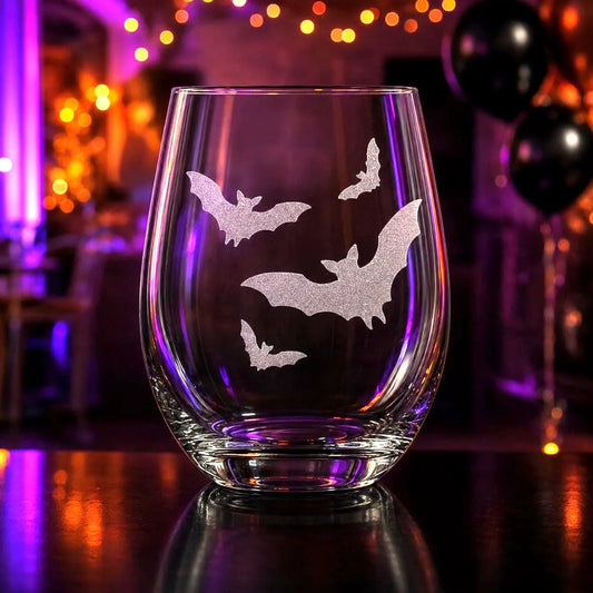 Etched Stemless Wine Glass 20.5oz | Halloween Bat! Bats! Bats! | Deep Carved Sandblasted Glass | Expressive DeZien
