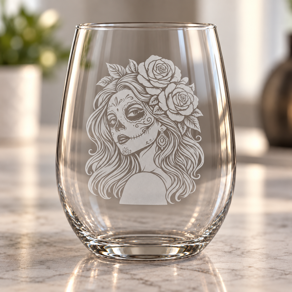 Day of the Dead etched stemless wine glass featuring a woman with sugar skull makeup, flowing hair, and roses