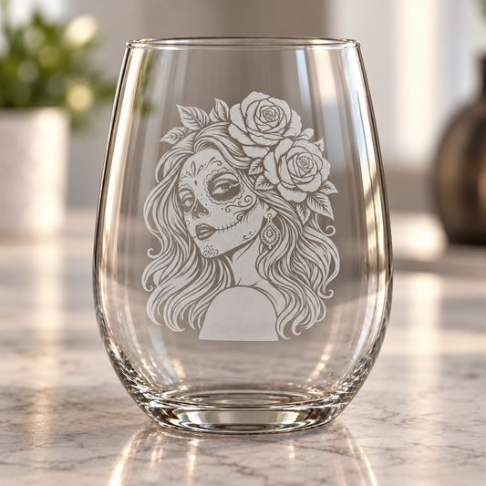 Day of the Dead etched stemless wine glass featuring a woman with sugar skull makeup, flowing hair, and roses