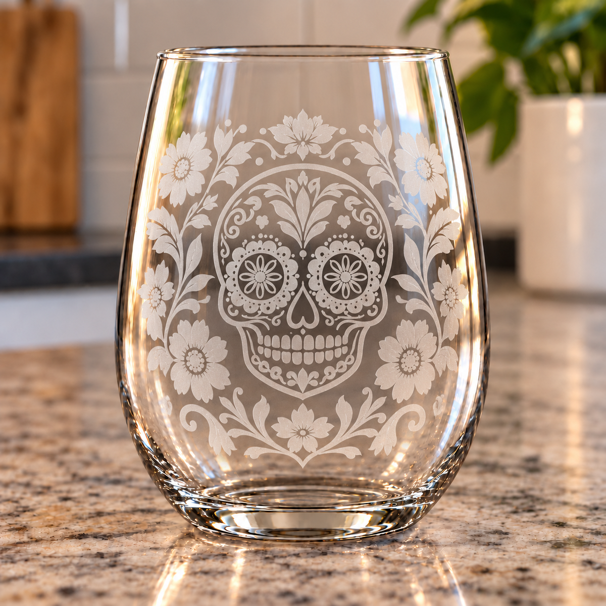 Day of the Dead Floral Sugar Skull etched stemless wine glass with flowers and leafy scrollwork