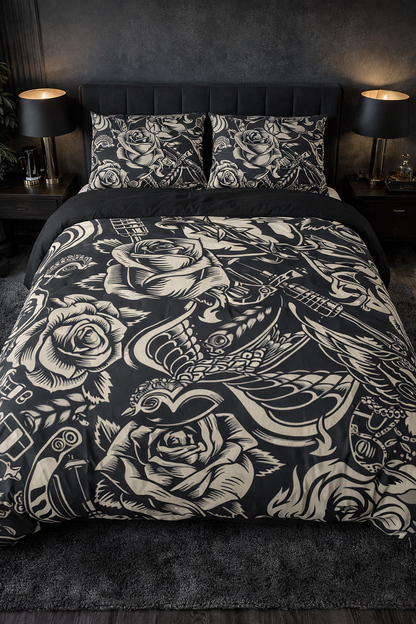 Vintage Tattoo Comforter | Black and Cream | Roses Swallows and Anchors