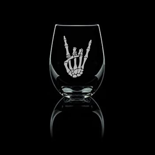 Rock On Horns down Skeleton Hand Etched Stemless Wine Glass 20.5oz | Halloween Wine Glasses - Expressive DeZien 