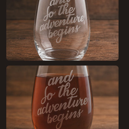 Etched Stemless Wine Glass 20.5oz | And So the Adventure Begins | Deep Carved Sandblasted Glass | Expressive DeZien
