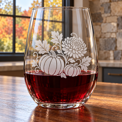 Pumpkin & Chrysanthemum Etched Stemless Wine Glass by Expressive DeZien with permanent sandblasted artwork