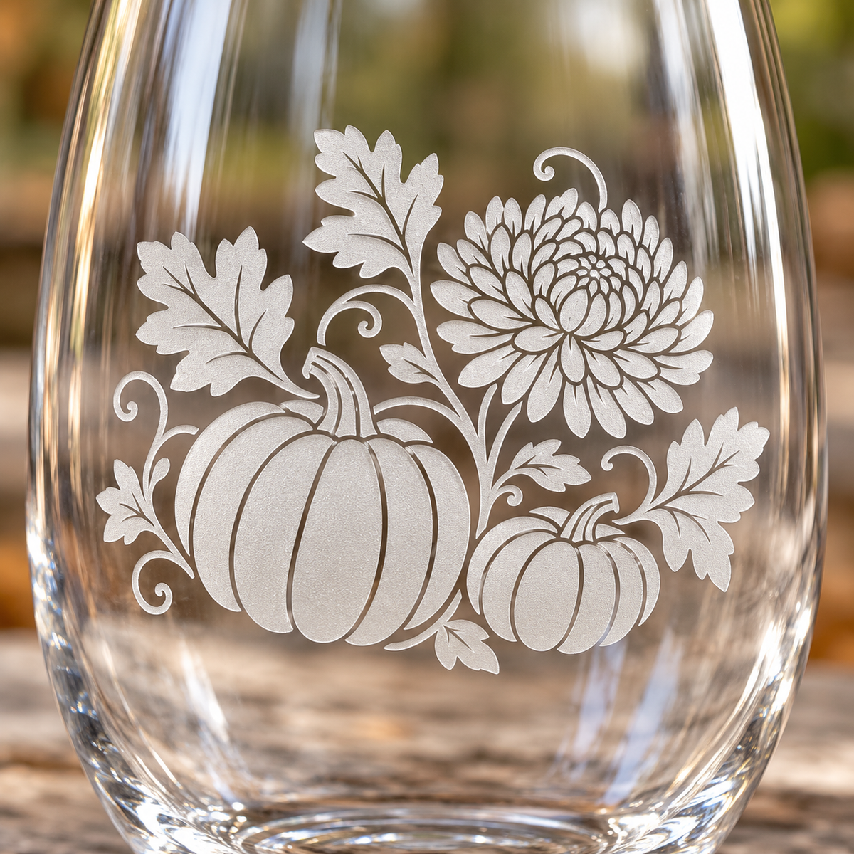 Pumpkin & Chrysanthemum Etched Stemless Wine Glass by Expressive DeZien with permanent sandblasted artwork
