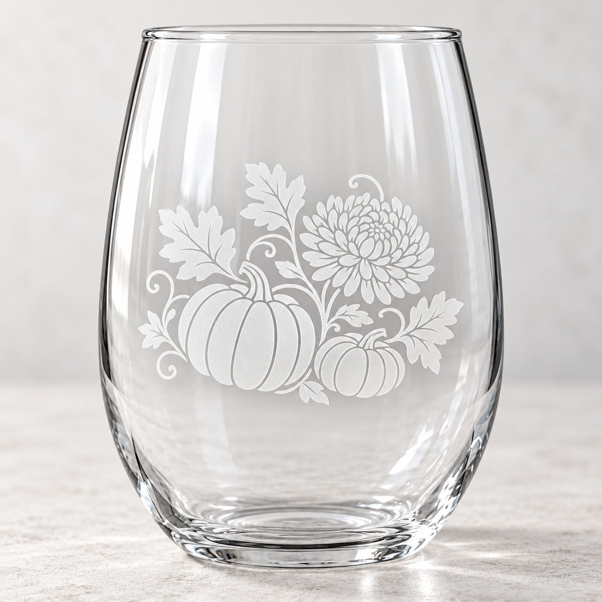 Pumpkin & Chrysanthemum Etched Stemless Wine Glass by Expressive DeZien with permanent sandblasted artwork