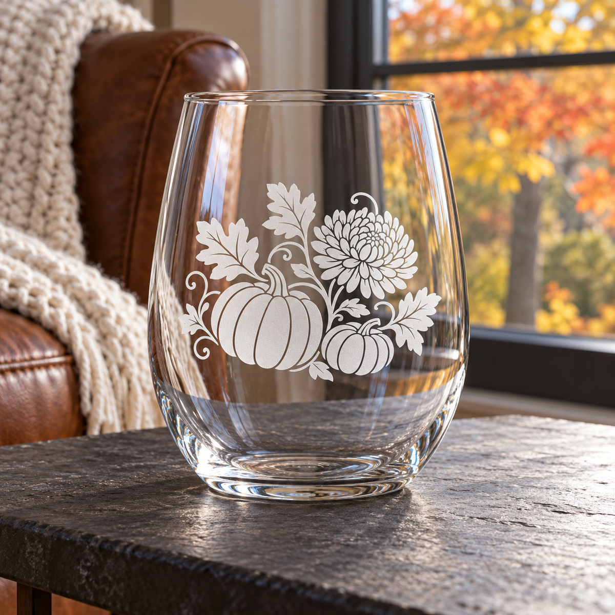 Pumpkin & Chrysanthemum Etched Stemless Wine Glass by Expressive DeZien with permanent sandblasted artwork