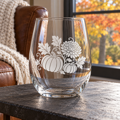 Pumpkin & Chrysanthemum Etched Stemless Wine Glass by Expressive DeZien with permanent sandblasted artwork