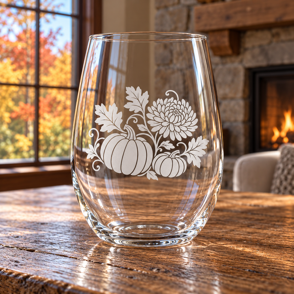 Pumpkin & Chrysanthemum Etched Stemless Wine Glass by Expressive DeZien with permanent sandblasted artwork